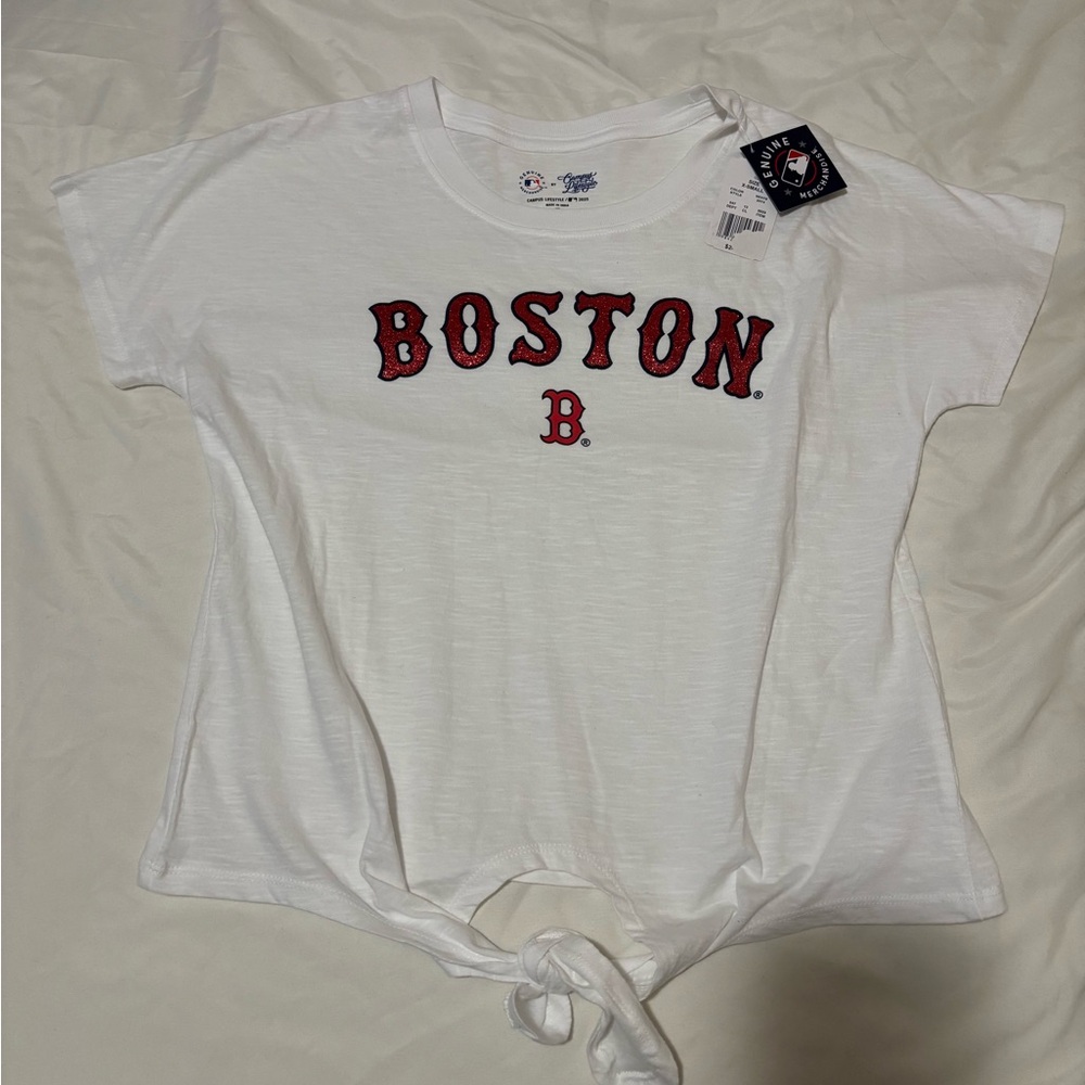 Genuine Merchandise White Tee with Red Boston Glitter Graphic